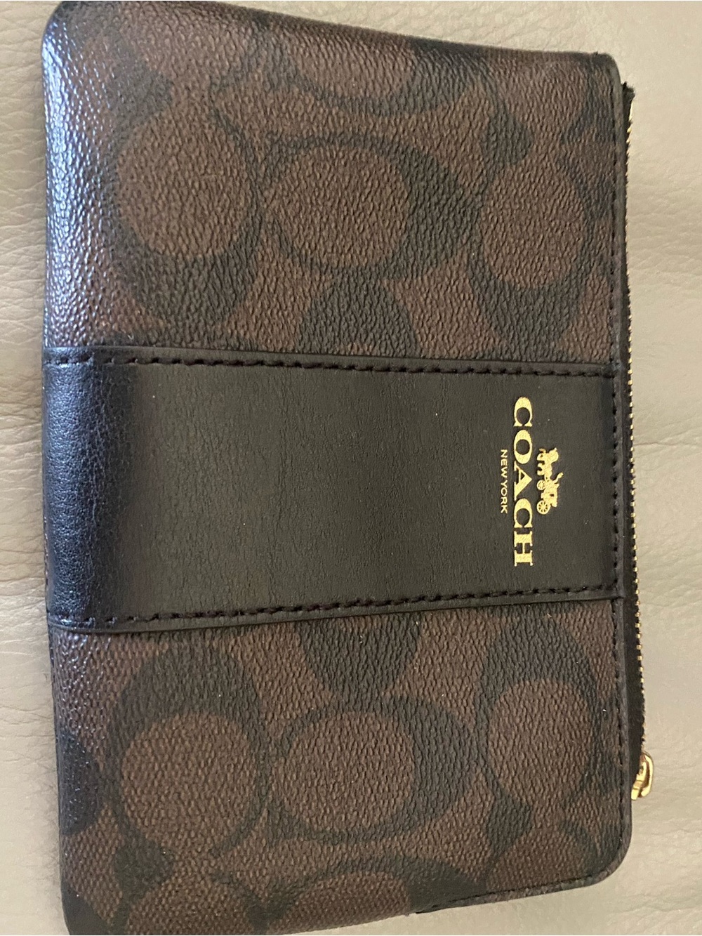 Coach Brown Signature Zip Wallet with Gold Hardware